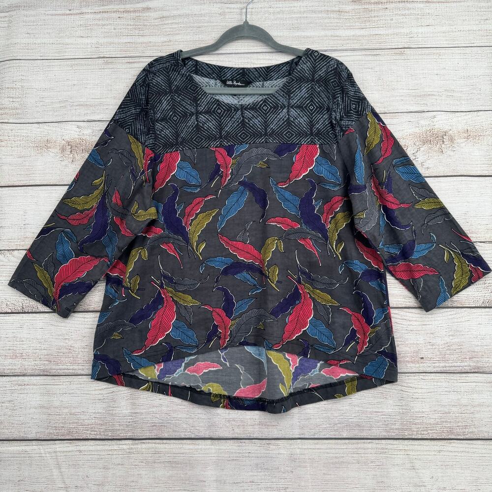 Ulla Popken Floral 3/4 Sleeve Tunic Top Womens 12/14 Gray Multicolor